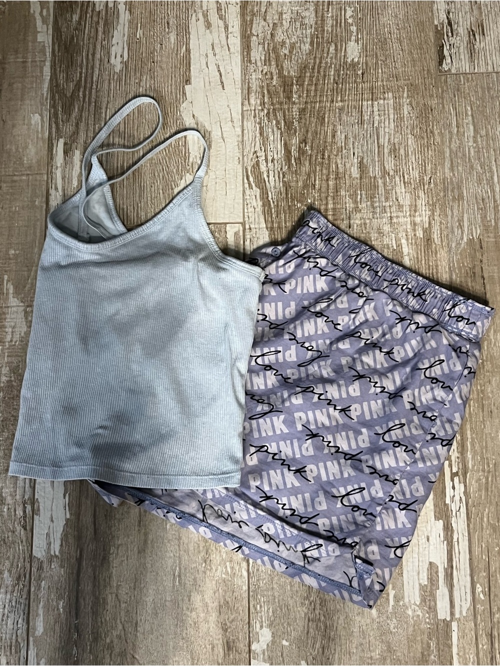 VGUC💗PINKVS Lilac Logo Sleep Boxy Shorts/Ribbed Lt Blue VNeck Cami Bra TankSz-L!